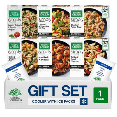 Salutem Vita Southwest Style Chicken Burrito Bowl, Beef Broccoli, Grilled Broccoli Alfredo, Beef Chimichurri Bowl, Creamy Spinach Tomato Linguini, Vegetable Stir Fry, Gift Set