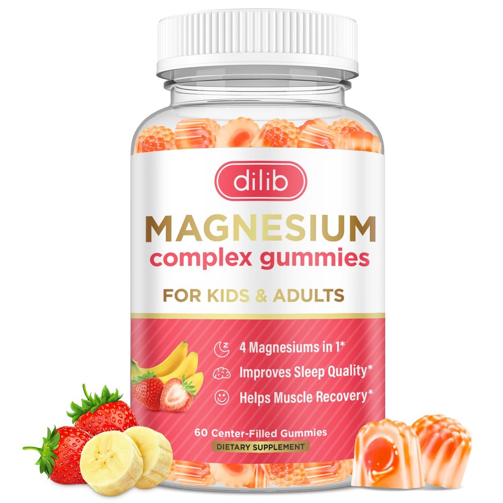 Magnesium Complex Gummies for Kids & Adults- Magnesium Glycinate, Taurate, Citrate, Malate Supplement-Support Calm Stress Relief, Bone, Muscle, Mood Vegan, Banana & Strawberry Flavor, 60 Gummies