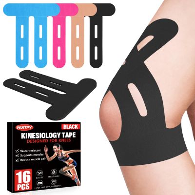 16 Pcs Kinesiology Tape for Knees, Pre Cut Knee Support & Stability, Elastic, Breathable, Latex-Free Pain Relief Athletic Tape for Knee - Black