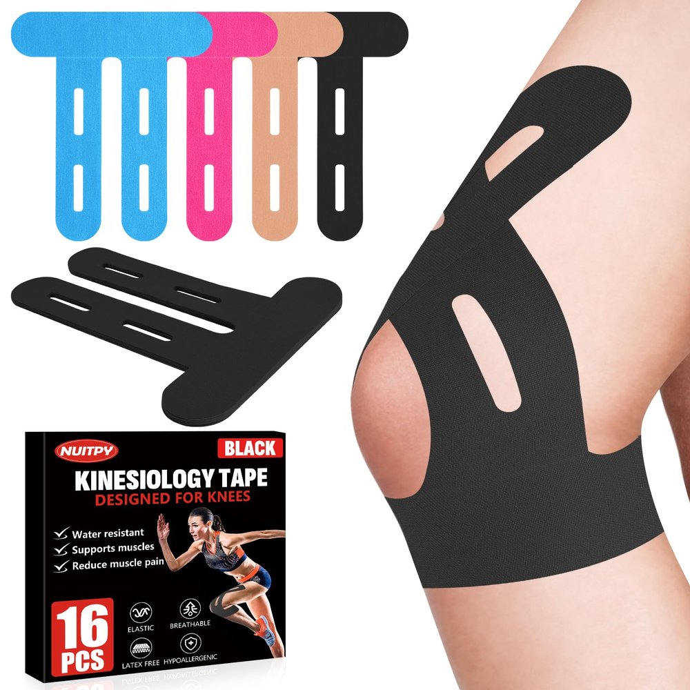 16 Pcs Kinesiology Tape for Knees, Pre Cut Knee Support & Stability, Elastic, Breathable, Latex-Free Pain Relief Athletic Tape for Knee - Black