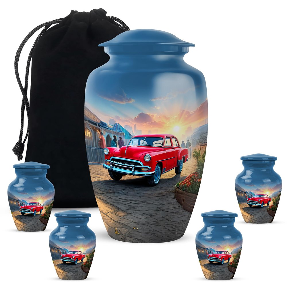 Car Adult Cremation Funeral Urn for Human Ashes, Keepsake Memorial Gift, Beautiful Handcrafted Small Urns for Ash Container, Combo, Blue (10 Inch & 3 Inch Mini Set of 3)