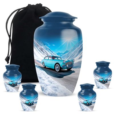 Car Adult Cremation Funeral Urn for Human Ashes, Keepsake Memorial Gift for Father & Mother, Beautiful Handcrafted Small Urns for Ash, Combo, Blue (10 Inch & 3 Inch Mini Set of 3)
