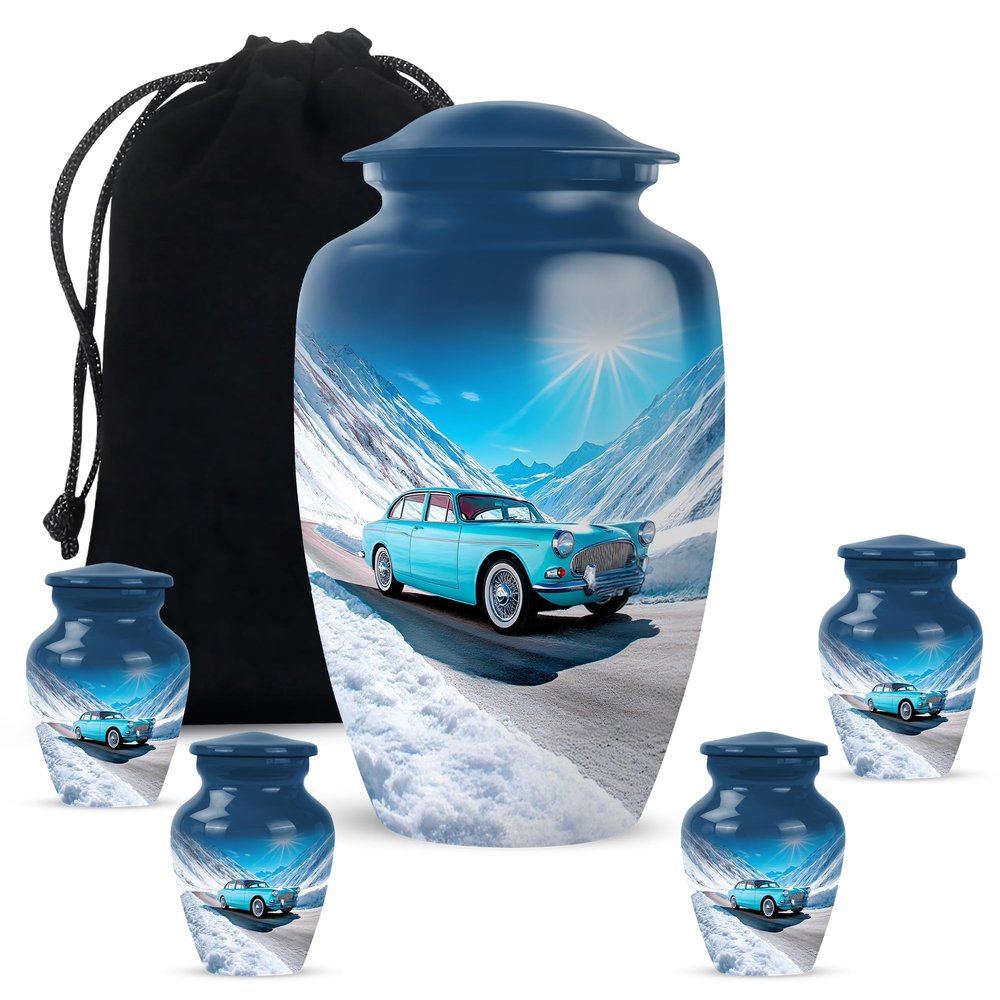 Car Adult Cremation Funeral Urn for Human Ashes, Keepsake Memorial Gift for Father & Mother, Beautiful Handcrafted Small Urns for Ash, Combo, Blue (10 Inch & 3 Inch Mini Set of 3)