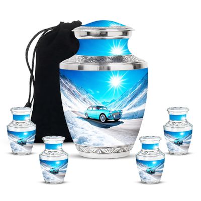Car Adult Cremation Funeral Urn for Human Ashes, Keepsake Memorial Gift for Father, Beautiful Handcrafted Small Urns for Ash, Combo, Blue (10 Inch & 3 Inch Mini Set of 3)