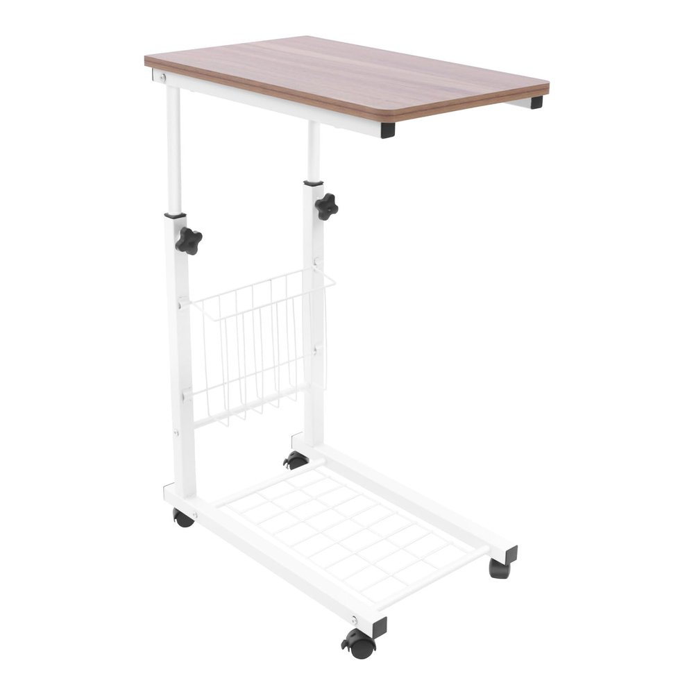 NIENIEE Adjustable Height Overbed Table with Wheels & Storage Basket, 30kg Load Capacity - Rolling Bedside Table for Hospital, Home & Small Spaces, Antique Oak Color