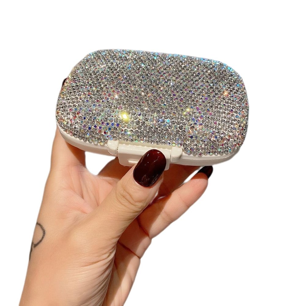 Lagnlnaoy Daily Pill Box Glitter Storage Box Pill Container with Rhinestones Compartment Travel Box Mini Pill Holder
