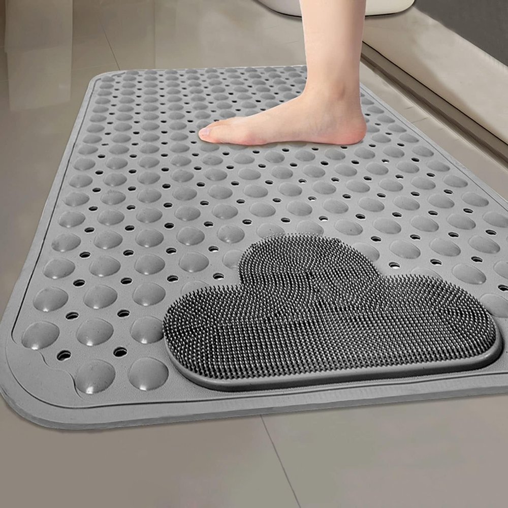 Shower Mat with Drain Hole in Middle with Suction Cups Non-Slip Scrubber Foot Pad TPE Easy Cleaning for Shower Room Tub Bathroom(Grey 2,50x80cm/19.7 * 31.5in)