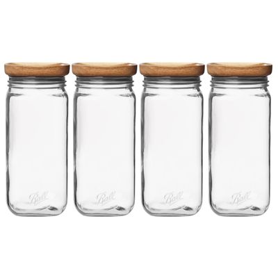 Ball Stack & Store Glass Mason Jars with Wooden Lid, Used for Pantry, Cookies, Flour, Cereal, Rice, Sugar, Tea, Coffee Beans, Spices, Square, 9.9-Cup (Pack of 4)