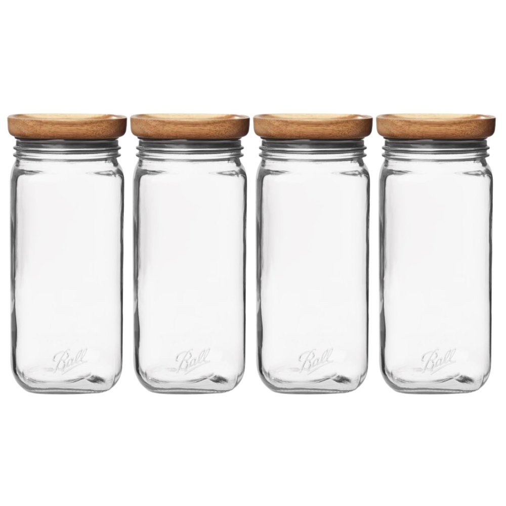 Ball Stack & Store Glass Mason Jars with Wooden Lid, Used for Pantry, Cookies, Flour, Cereal, Rice, Sugar, Tea, Coffee Beans, Spices, Square, 9.9-Cup (Pack of 4)
