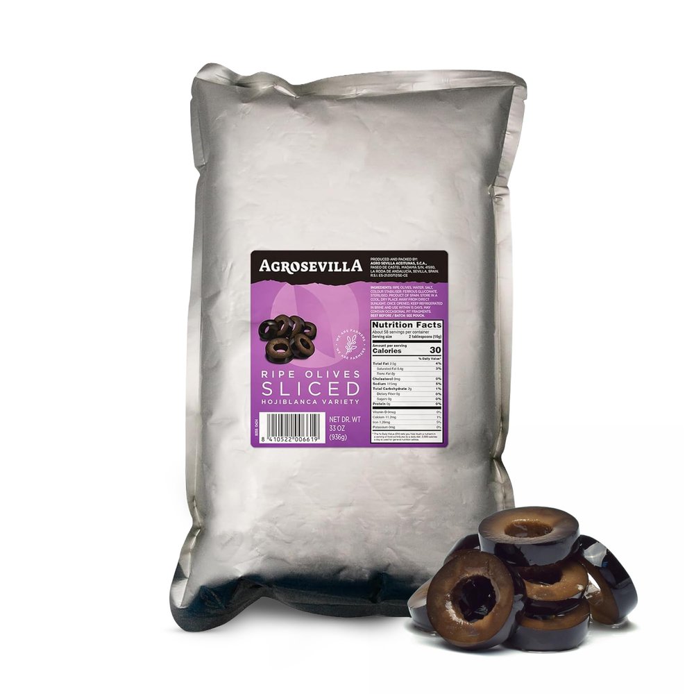 Agrosevilla Sliced Black Olives, Spanish Ripe Black Olives Pre Sliced, Bulk Olives for Pizza Salads Sandwiches Pasta, Mediterranean Olives Ready to Use, 33oz