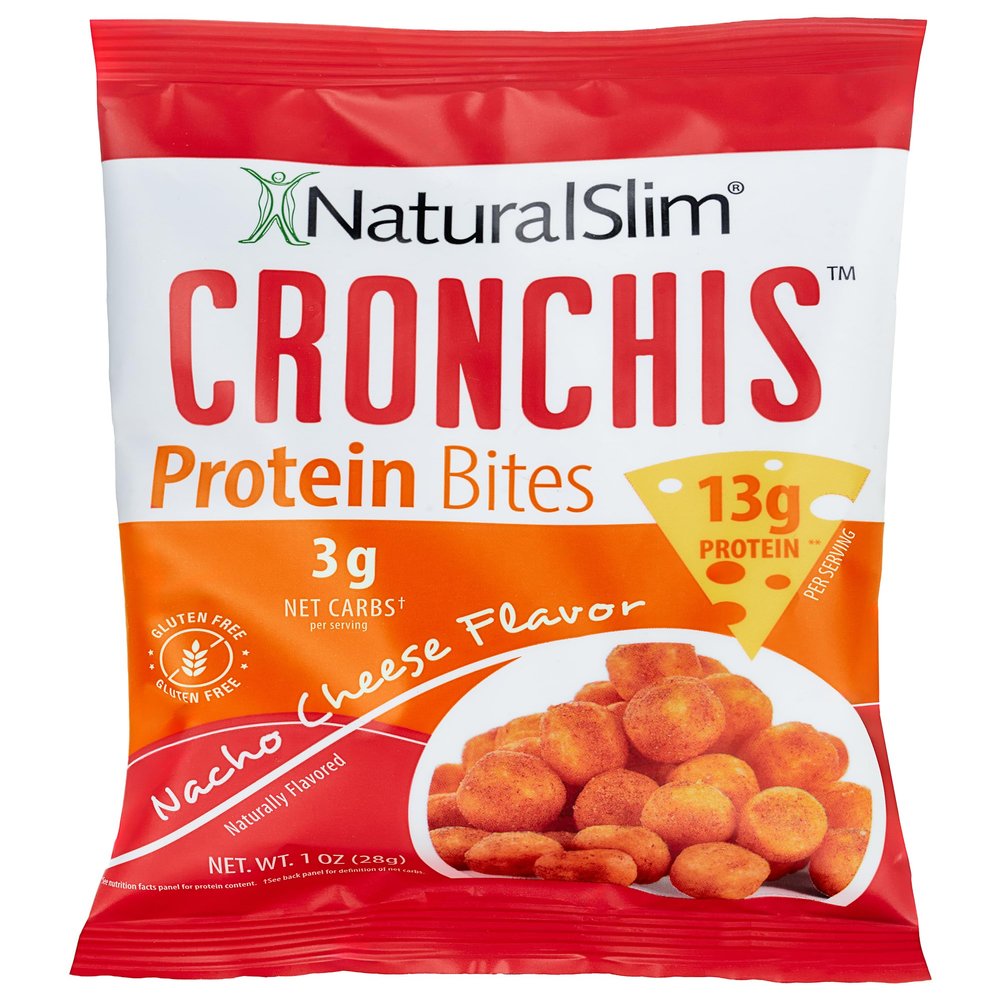 NaturalSlim CRONCHIS Protein Bites, Nacho Cheese Flavour Protein Snacks, Crunchy Cheese Snack Bites, Gluten Free, 13g Protein, 3g Net Carbs, Individual Snack Bags, Box of 6, 1 oz Each
