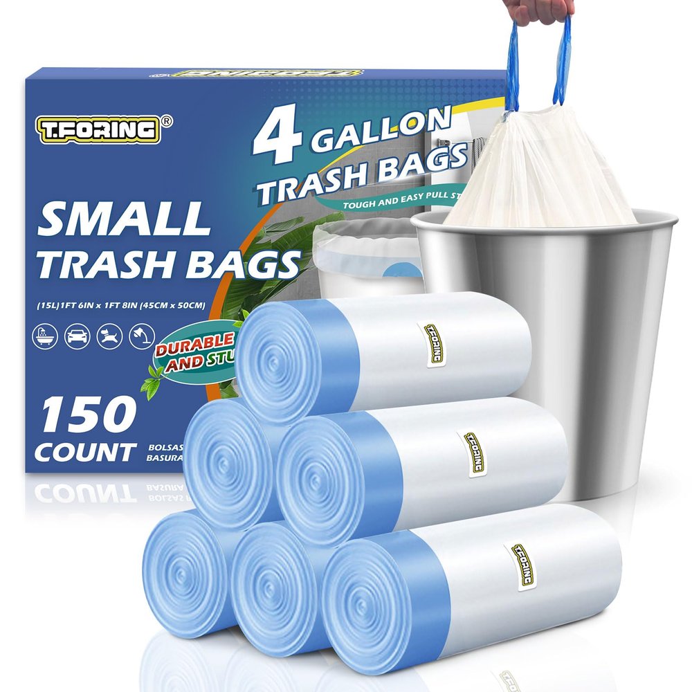 T.FORING Small Trash Bags 4 Gallon Drawstring,1.1 Mil,Unscented,150 Count