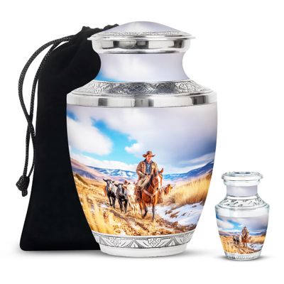 SABURIAL Cowboys Urn - Decorative Urns - Combo 1 - Large with 3 Inch Pack of 1 - Funeral Cremation Urns - Ashes Urn Human Remains - Ash Burials for Human Ashes