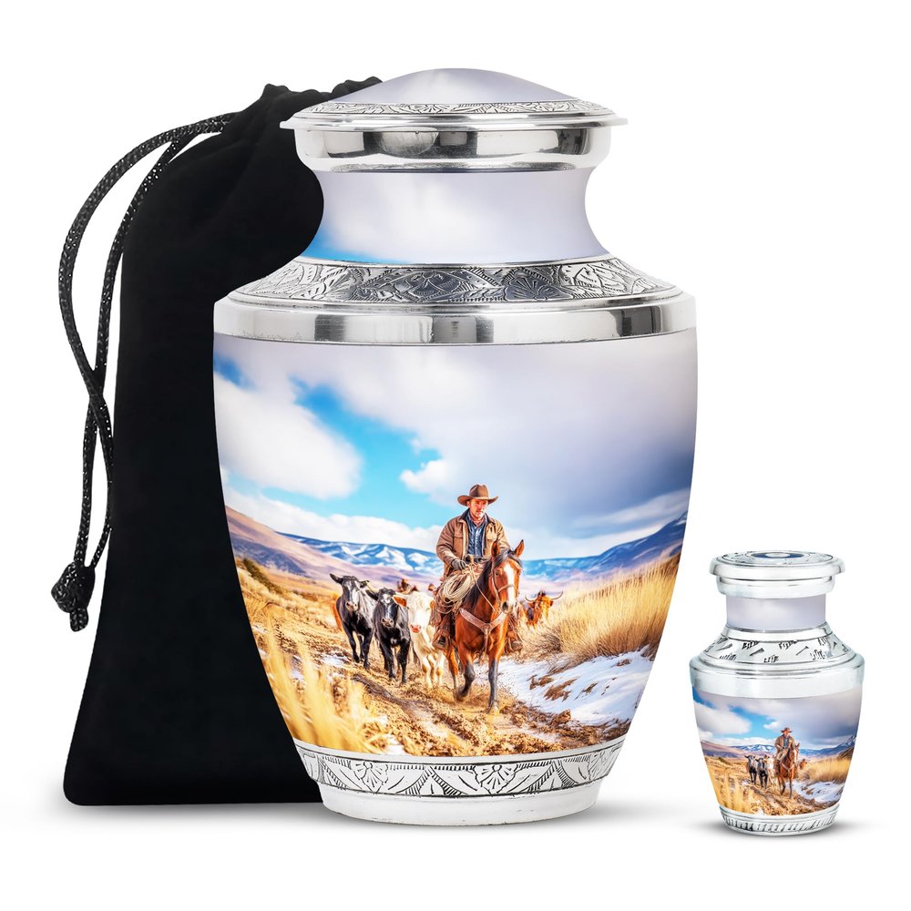 SABURIAL Cowboys Urn - Decorative Urns - Combo 1 - Large with 3 Inch Pack of 1 - Funeral Cremation Urns - Ashes Urn Human Remains - Ash Burials for Human Ashes