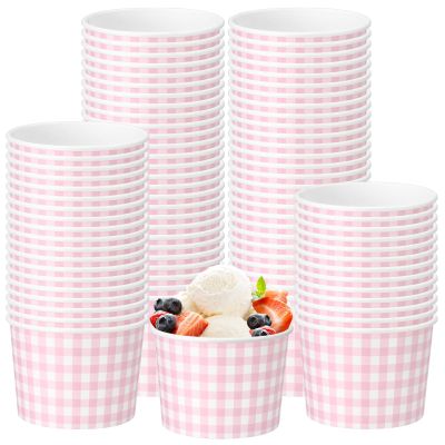 Funnymoom 50 Pack Pink Gingham Ice Cream Cups 9 oz Pink and White Checkered Disposable Dessert Bowls Paper Soup Bowls Plaid Snack Cups for Hot or Cold Food for Baby Shower Wedding Birthday Supplies