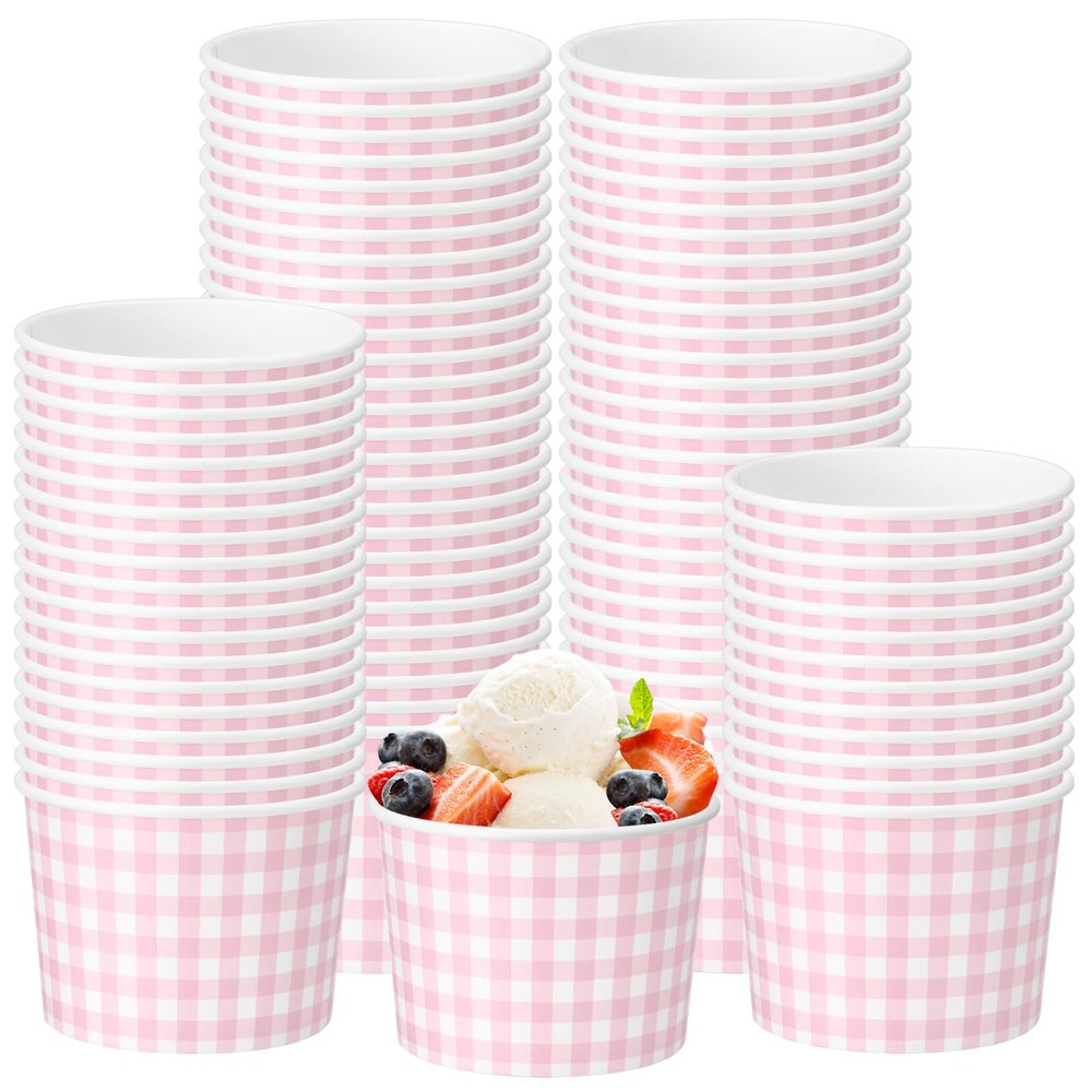 Funnymoom 50 Pack Pink Gingham Ice Cream Cups 9 oz Pink and White Checkered Disposable Dessert Bowls Paper Soup Bowls Plaid Snack Cups for Hot or Cold Food for Baby Shower Wedding Birthday Supplies