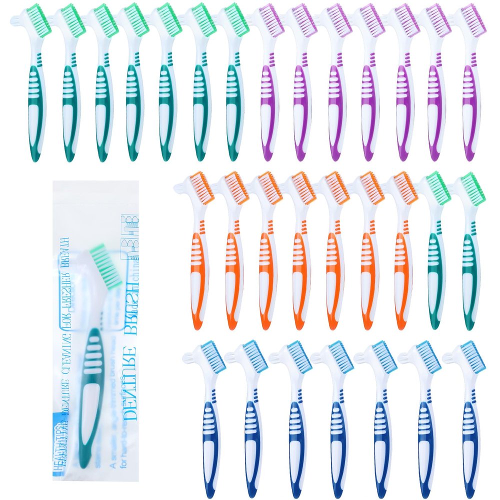 Meyeyaia 30pcs Denture Toothbrush Set, Hard and Soft Double Bristle Denture Brush, 4 Colors Optional Denture Care Cleaning Brush, Rubber Non-Slip Handle for Denture Brushes