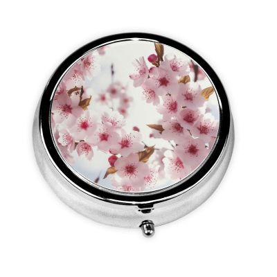 Cherry Blossom Pill Box Round Pill Case for Pocket Purse 3 Compartment Medicine Pill Organizer Cute Portable Travel Pillbox Vitamin Cod Liver Oil Storage Box Unique Gift Organizer
