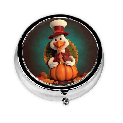 Happy Thanksgiving Turkey Pill Box Round Pill Case for Pocket Purse 3 Compartment Medicine Pill Organizer Cute Portable Travel Pillbox Vitamin Cod Liver Oil Storage Box Unique Gift Organizer