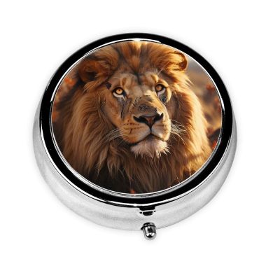 Lion on Grassland Pill Box Round Pill Case for Pocket Purse 3 Compartment Medicine Pill Organizer Cute Portable Travel Pillbox Vitamin Cod Liver Oil Storage Box Unique Gift Organizer