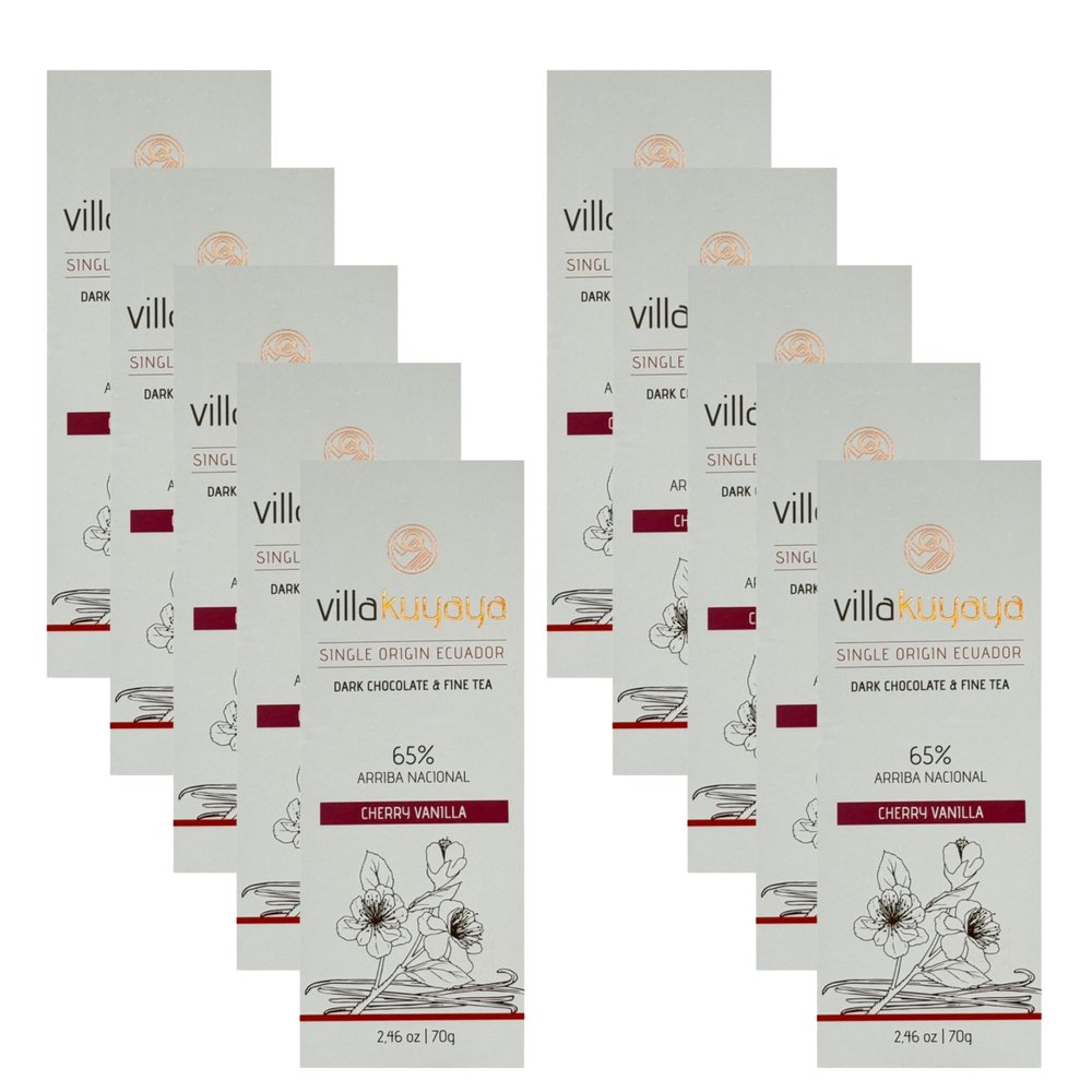Villakuyaya Premium Dark Chocolate Cherry Vanilla 65% Gourmet Ecuadorian Cacao with Darjeeling & Assam Black Tea, Vanilla Essence, Vegan & Gluten-Free (Pack of 10)