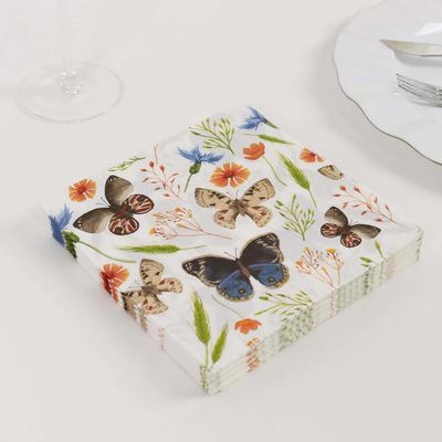 TABLECLOTHSFACTORY 50 Pack Ivory 2-ply Paper Beverage Napkins with Field Herbs and Butterfly Print, Elegant Garden Party Disposable Cocktail Napkins - 18 GSM