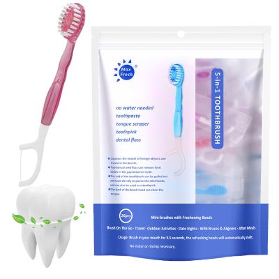 noclerv 5 in 1 Mini Travel Toothbrush, 5 in 1 Portable Individually Wrapped Toothbrushes with Toothpaste, Disposable Multi-Functional Oral Care Set Tool 4 Flavors for Travel Gathering Use (Peach*26)