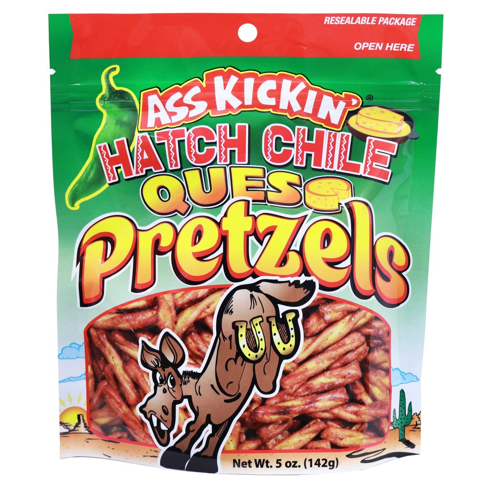 ASS KICKIN' Spicy Pickle Pretzels, Seasoned Pretzel Twists, 5 oz Resealable Pack (5oz, Hatch-Chile Queso)
