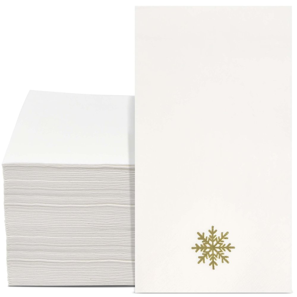 100 Pack Gold Snowflake Guest Napkins 4.25 x 7.5 Christmas Disposable Paper Hand Towels for Bathroom, Parties, Holiday & Winter Events