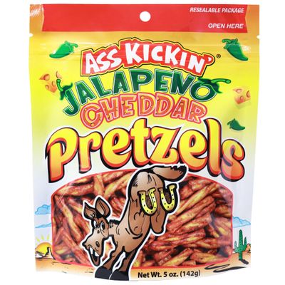 ASS KICKIN' Spicy Pickle Pretzels, Seasoned Pretzel Twists, 5 oz Resealable Pack (5oz, Jalapeno-Cheddar)