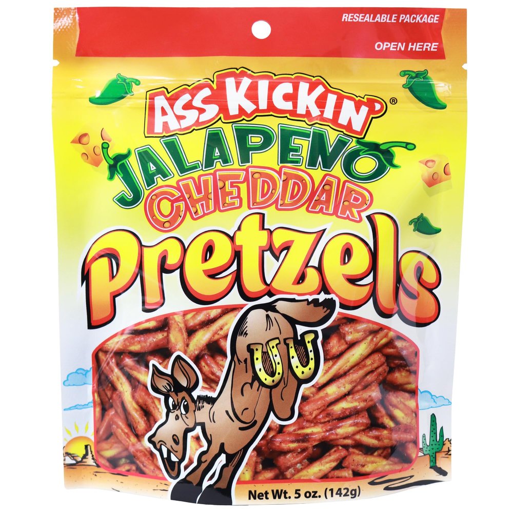 ASS KICKIN' Spicy Pickle Pretzels, Seasoned Pretzel Twists, 5 oz Resealable Pack (5oz, Jalapeno-Cheddar)