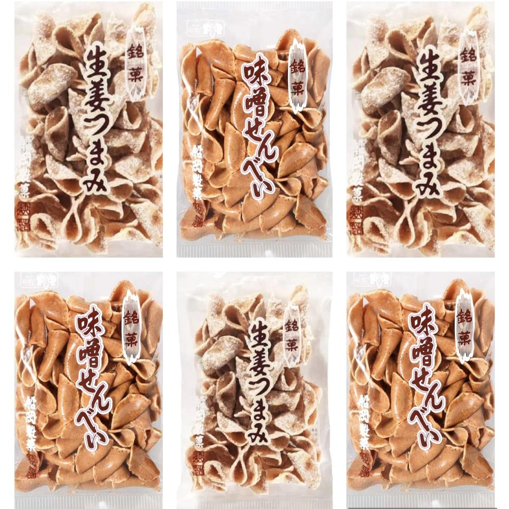 FUNAOKA Shoga Tsumami Senbei 140g & Miso Senbei 140g, Set of 6 bags, Ginger Knob Cookies & Miso Flavor Crispy Wheat Crackers, Sweets Souvenirs from Niigata Prefecture, MADE IN JAPAN