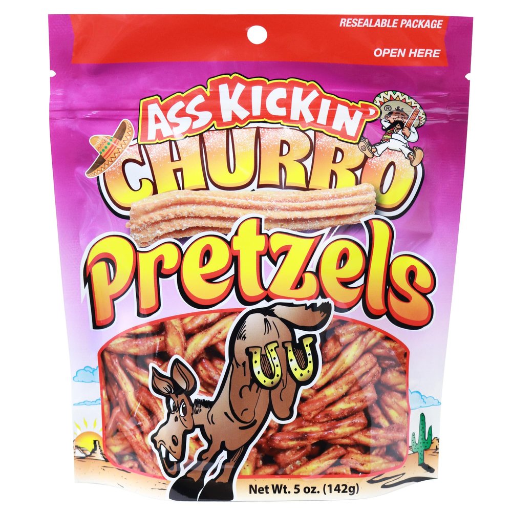ASS KICKIN' Spicy Pickle Pretzels, Seasoned Pretzel Twists, 5 oz Resealable Pack (5oz, Churro)