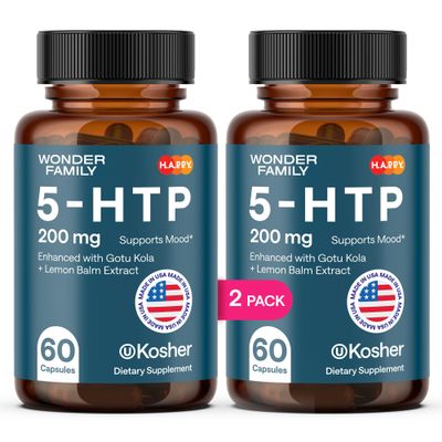 WONDER FAMILY 5 HTP 200mg - with Vitamin B6 100mg, Gotu Kola - Wellbeing Supplement for Women & Men - 2X Potency of 5HTP 100mg, 4X of 5-HTP 50mg - Deep Sleep Supplement - 60 Capsules (2-Pack)