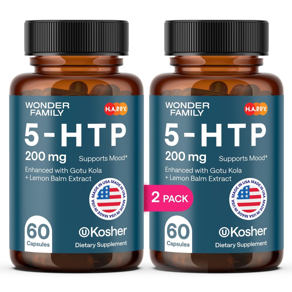 WONDER FAMILY 5 HTP 200mg - with Vitamin B6 100mg, Gotu Kola - Wellbeing Supplement for Women & Men - 2X Potency of 5HTP 100mg, 4X of 5-HTP 50mg - Deep Sleep Supplement - 60 Capsules (2-Pack)