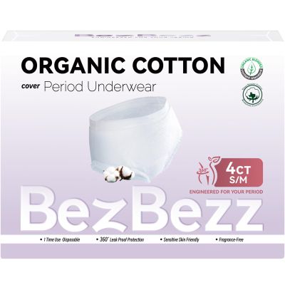 BezBezz Organic Disposable Period Underwear for Women S/M, Postpartum Panties, Heavy Flow Leak Proof Overnight Pads Diaper, Ultra Soft Keep Dry Fresh, Control Odor, Unscented for Sensitive Skin