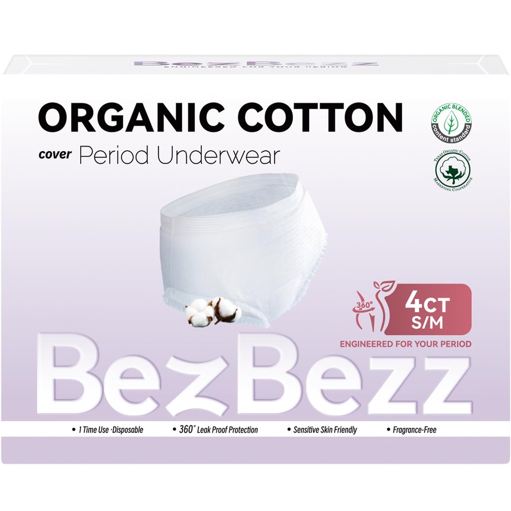 BezBezz Organic Disposable Period Underwear for Women S/M, Postpartum Panties, Heavy Flow Leak Proof Overnight Pads Diaper, Ultra Soft Keep Dry Fresh, Control Odor, Unscented for Sensitive Skin