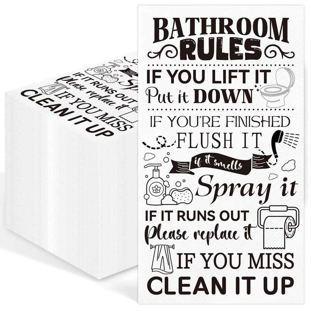 100 Pcs Bathroom Rules Paper Napkins Disposable Hand Towels for Bathroom 3 Ply Decorative Etiquette Guest Napkins for Powder Room Wedding Birthday Holiday Anniversary, Black White