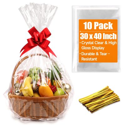 Bonison Large Cellophane Gift Basket Bags 3040 Inch, 10 Pack Clear Easter Basket Wrap Bags for Large Gift Baskets, Party Favor Treat Bags with Ties for Easter, Birthday, Wedding & Holiday Gifts