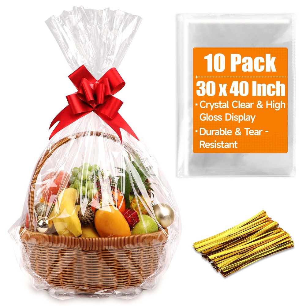Bonison Large Cellophane Gift Basket Bags 3040 Inch, 10 Pack Clear Easter Basket Wrap Bags for Large Gift Baskets, Party Favor Treat Bags with Ties for Easter, Birthday, Wedding & Holiday Gifts