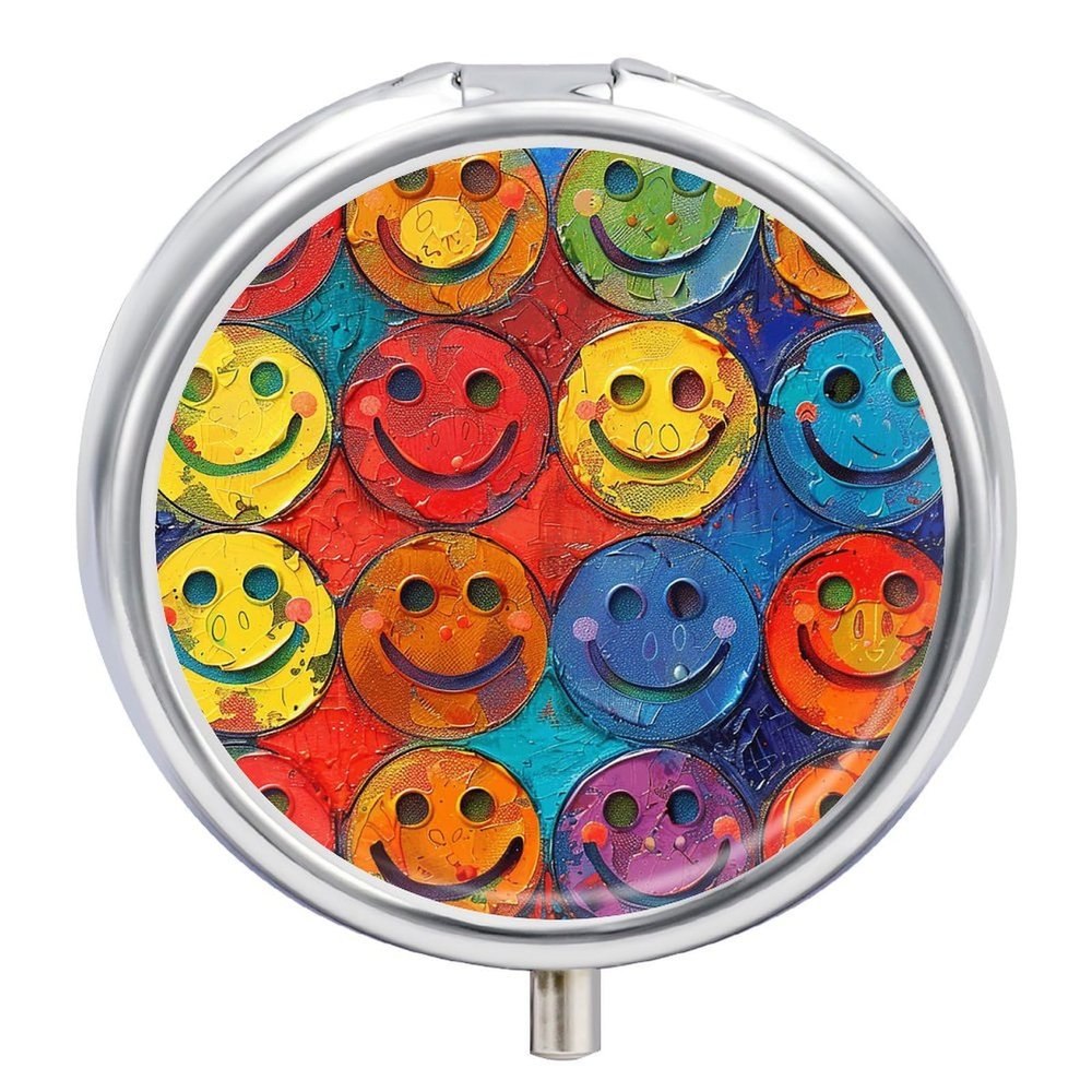 Colorful Smiley Face Pill Box Round Portable Small Pill Case Waterproof Travel Pill Box Organizer for Pocket Purse and Daily Convenience