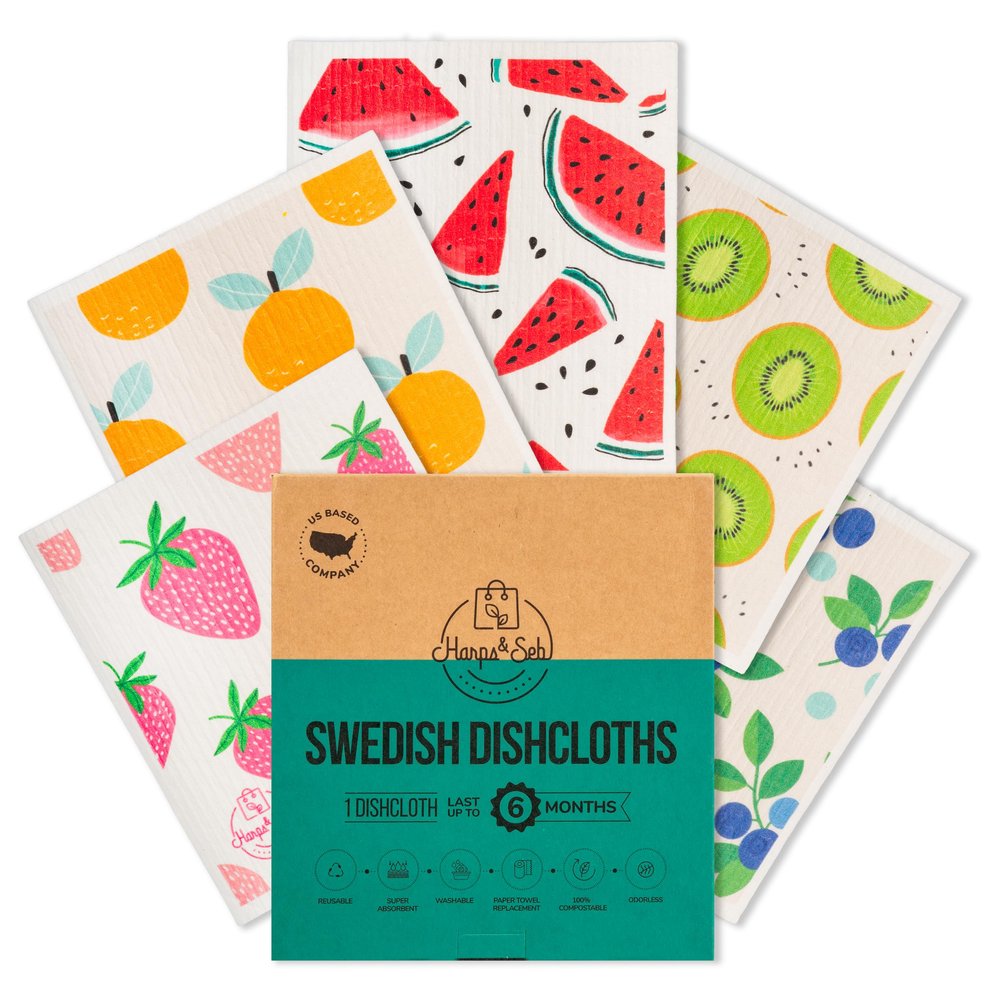 Harps&Seb Swedish Dishcloths for Kitchen Dish Towels - 5 Pack, Non-Scratch Reusable Paper Towels, Super Absorbent Washable Swedish Dish Cloths, No Odor, Biodegradable,Summer Design