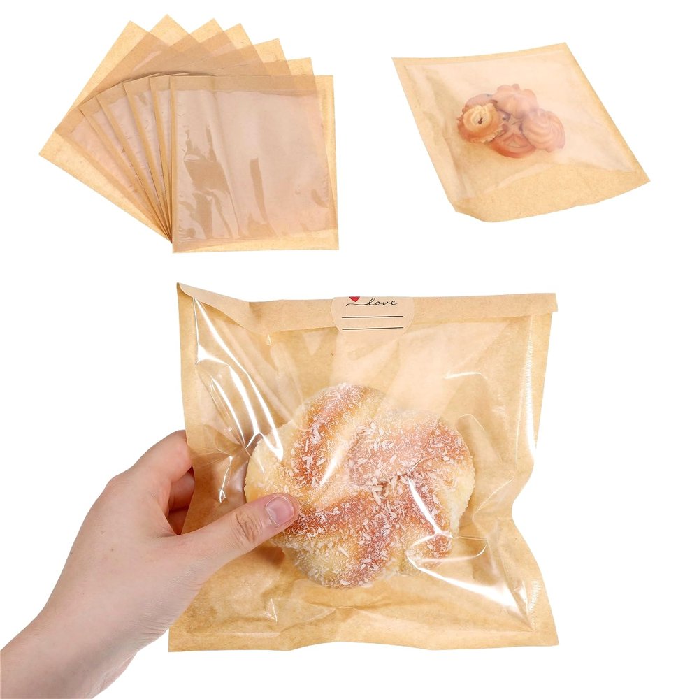 100 Pcs Cookie Bags with Seal, Heat-Sealable Bakery Bags with Window for Egg Sandwich, Donut, Cookie Packaging, Cookies Gifts Givinge with 120 Pcs Sealing Sticker