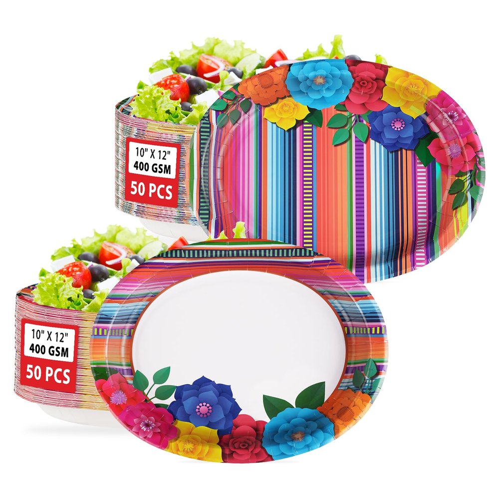 100Pcs Mexican Fiesta Party Plates 10" x 12" Large Disposable 400 GSM Heavy Duty Mexican Floral Stripes Oval Paper Plates Cinco De Mayo Decorations for Baby Shower Mexico Taco Party Supplies