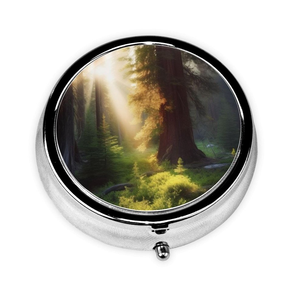 Morning Sunlight in Wilderness Pill Box Round Pill Case for Pocket Purse 3 Compartment Medicine Pill Organizer Cute Portable Travel Pillbox Vitamin Cod Liver Oil Storage Box Unique Gift Organizer