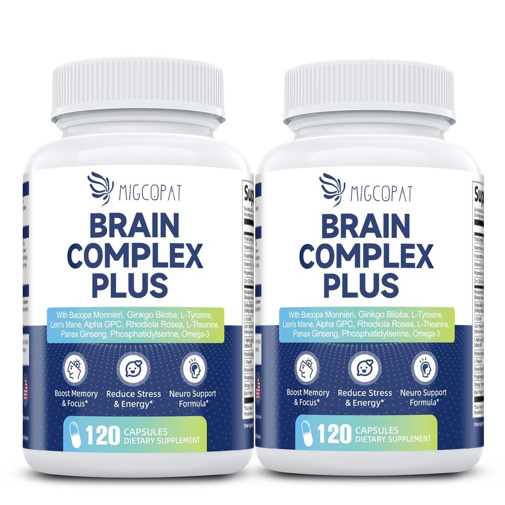 2-Pack Brain Supplements for Memory & Focus | Nootropic with Bacopa, Lion's Mane, Alpha GPC | Mental Clarity & Cognitive Support | Vitamin B6 & B12 240 Caps (120/Bottle)