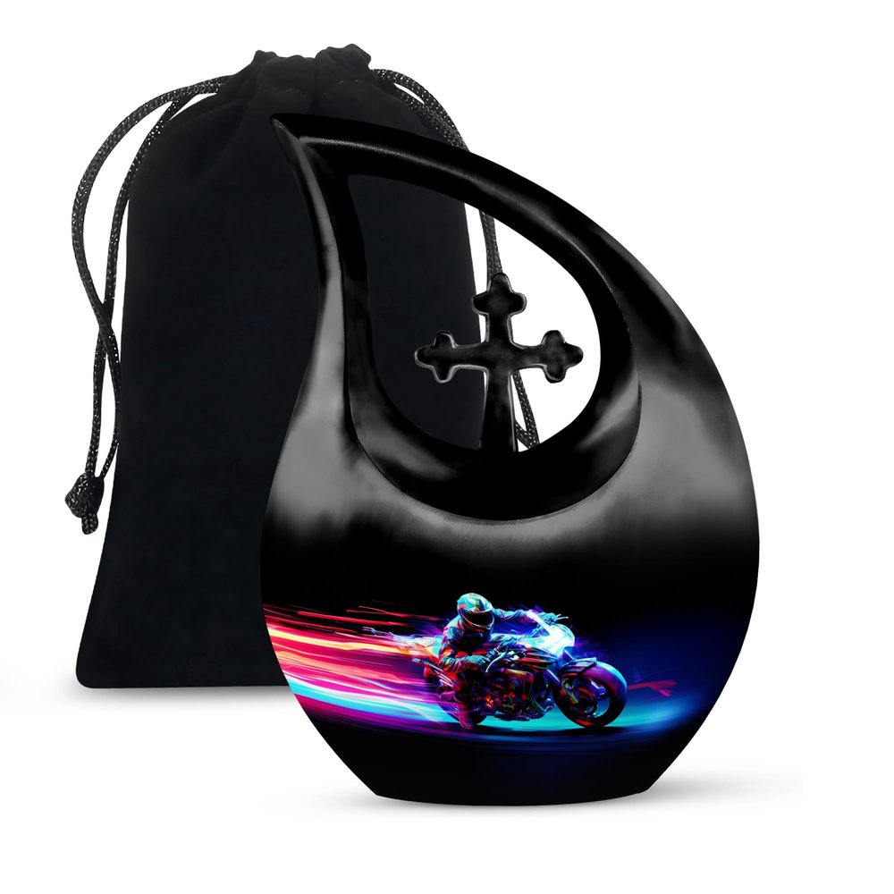 JAGLASH MotorcycleMemorial Urns for Adult Male - Large Funeral Urns for Human Ashes Adult Female - Cross Drop Cremation Urn for Mom & Dad - Burial Urn for Ashes for Women - 10 Inch
