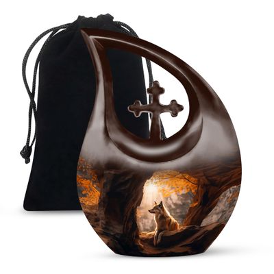 JAGLASH Wolf Memorial Urns for Adult Male - Large Brown Funeral Urns for Human Ashes Adult Female - Cross Drop Burial Urn for Ashes for Women - Cremation Urn for Mom & Dad - 10 Inch