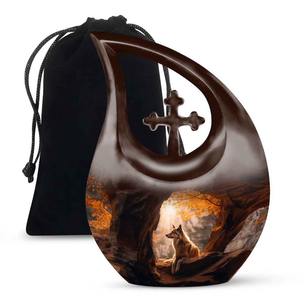 JAGLASH Wolf Memorial Urns for Adult Male - Large Brown Funeral Urns for Human Ashes Adult Female - Cross Drop Burial Urn for Ashes for Women - Cremation Urn for Mom & Dad - 10 Inch