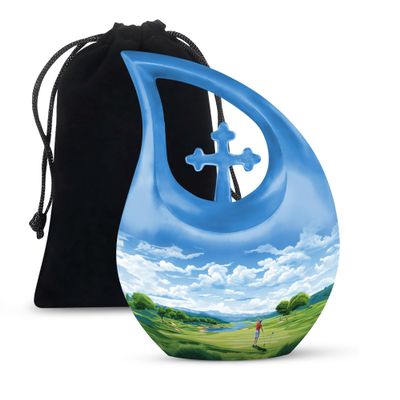 JAGLASH Golf Funeral Urn for Ashes for Women - Blue Burial Urns for Human Ashes Adult Man - Large Green Decorative Cross Drop Cremation Urn for Loss of Mom - Memorial Urns for Human - 10 Inch